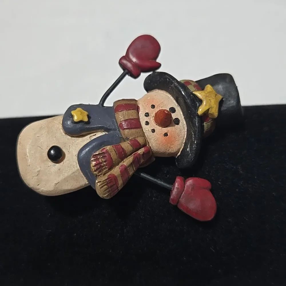 Hand Carved Wooden Snowman Brooch